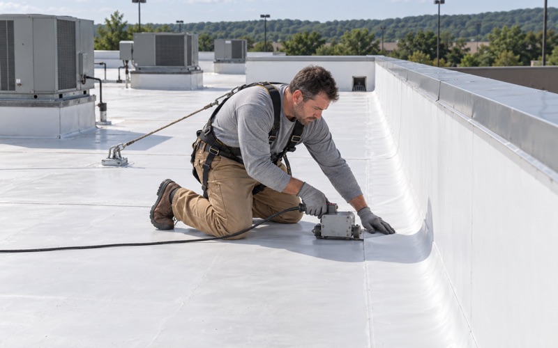 A hot-air welder run along a TPO seam on the roof of a one-story strip retail building in Wayne.