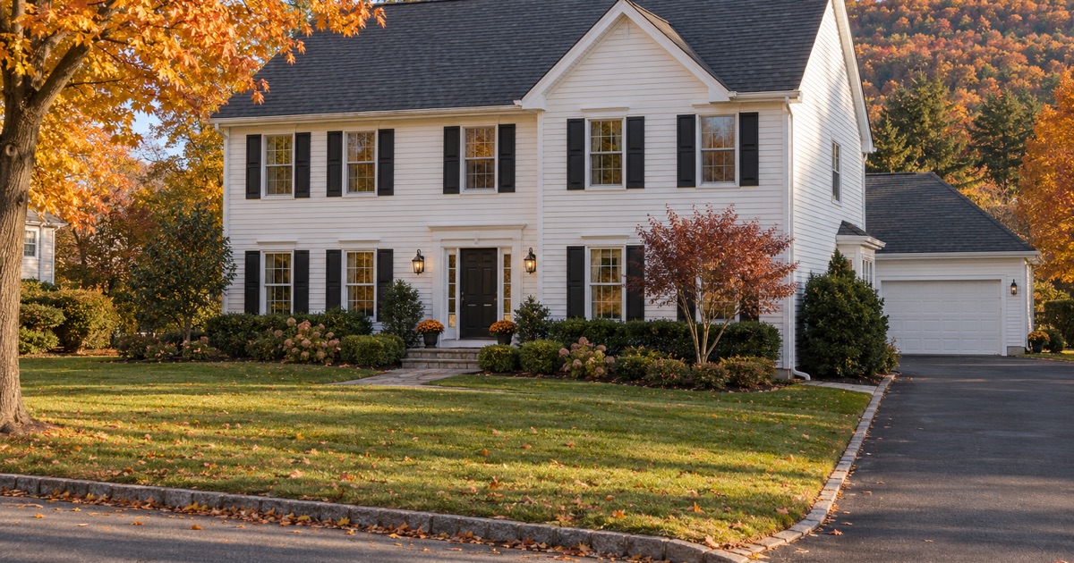 A finished dark gray shingle roof on a 1990s Wayne colonial in late afternoon light, the job cleaned up and the driveway clear.