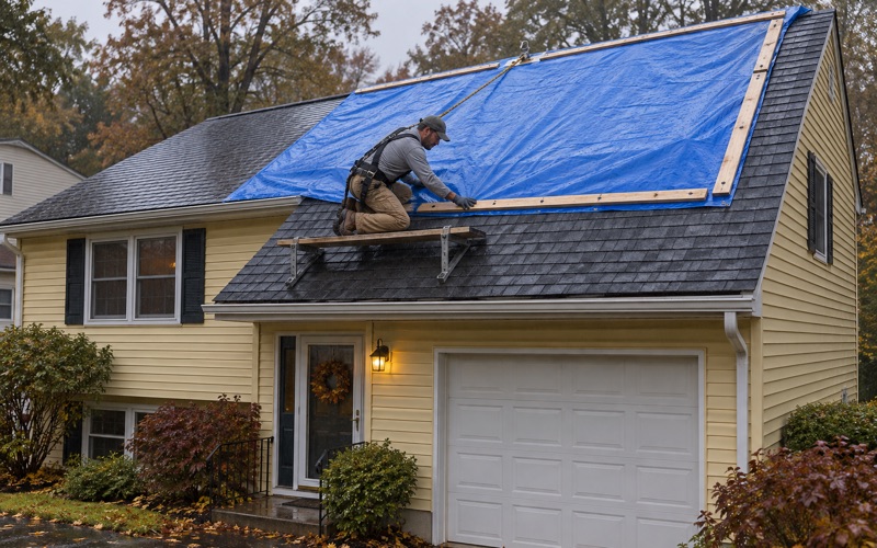 An emergency tarp battened over the ridge of a Wayne split-level in the rain, the opening dried in the same day.