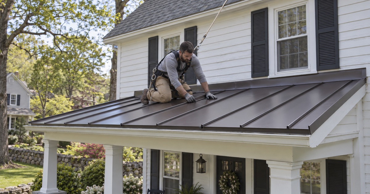 Dark bronze steel roofing with raised seams laid on the low porch roof of an older Wayne farmhouse.