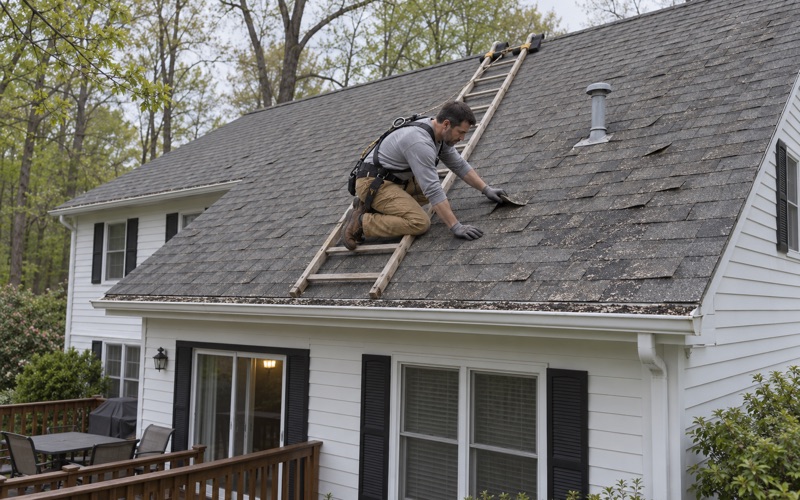 An aging three-tab roof inspected from a roof ladder on a Wayne colonial, cupped corners and loose granules in the gutter.