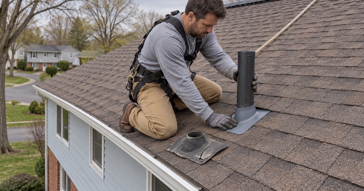 A new pipe boot fitted around a plumbing vent on the low front slope of a Wayne bi-level, lapped under the course above.