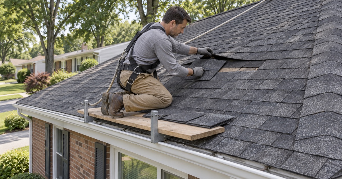A matching shingle slid up into a gap left by three cracked tabs on a brick-front ranch in Wayne’s Preakness section.