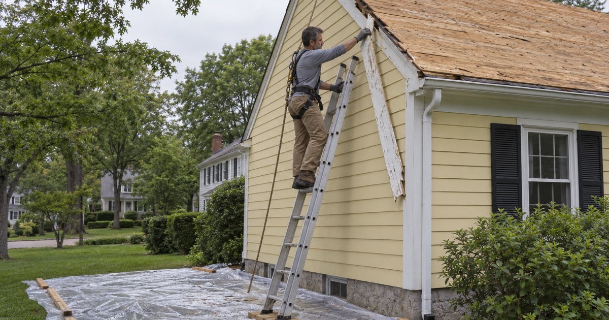 Painted rake trim eased off a 1950s Cedar Grove colonial over plastic sheeting during a lead-safe re-roof.