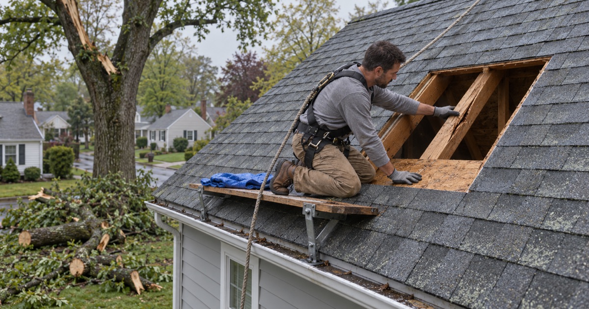 A Glen Rock roof opened where an overhanging limb landed, the tree itself left standing