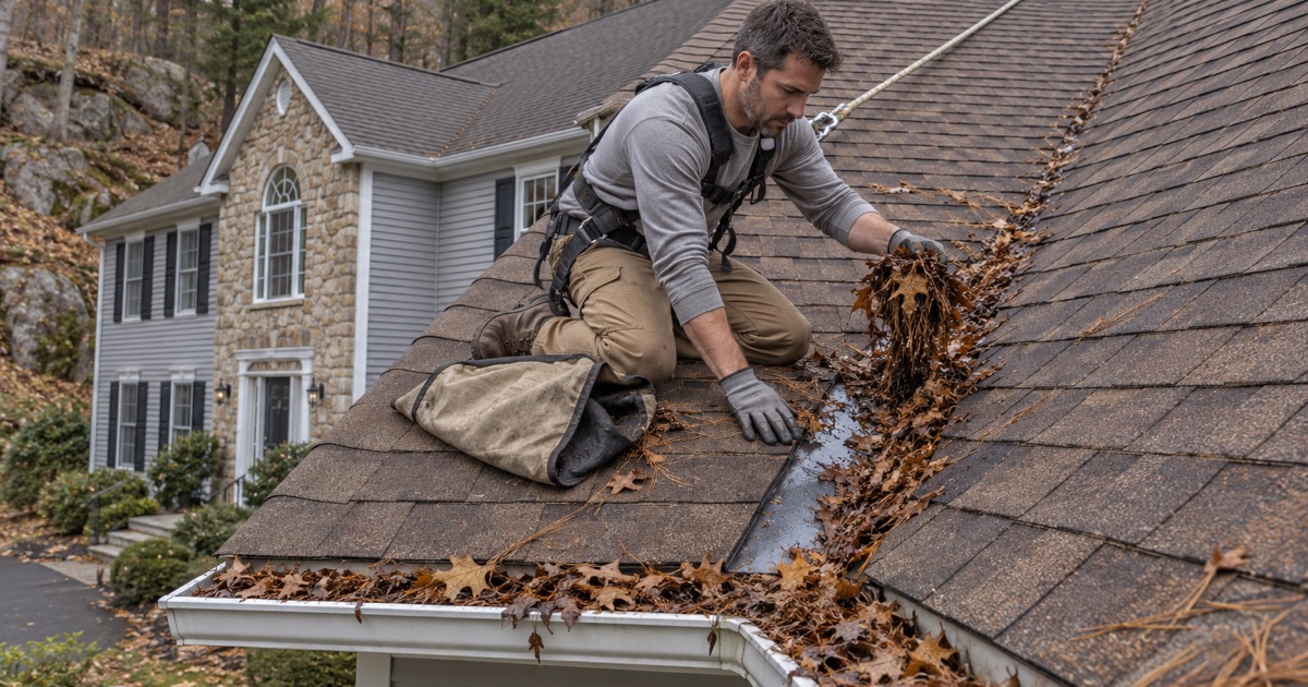 Wet oak leaves cleared by hand from a valley on a wooded Kinnelon hillside house, the gutter below still full.