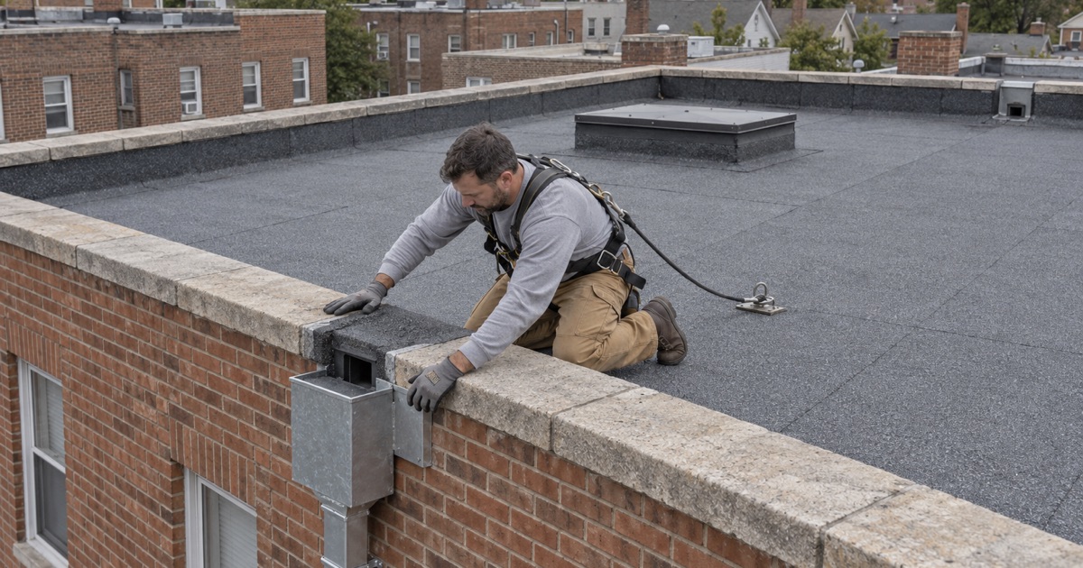 The scupper and leader box on a Lincoln Park apartment building’s flat roof, parts a housing inspection looks at
