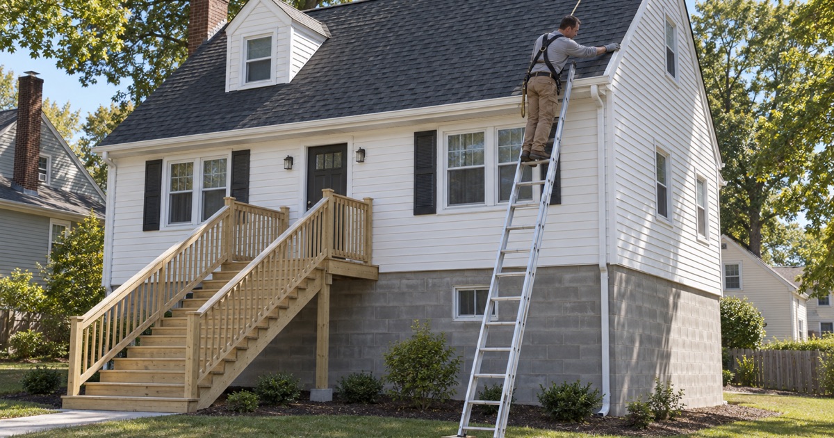 New shingles on a Little Falls house raised a full story on a new block foundation, its eave now high above the lawn.