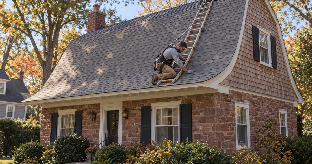 New shingles following the swept front eave of an older Dutch Colonial gambrel in New Milford, the front slope kept free of dormers.