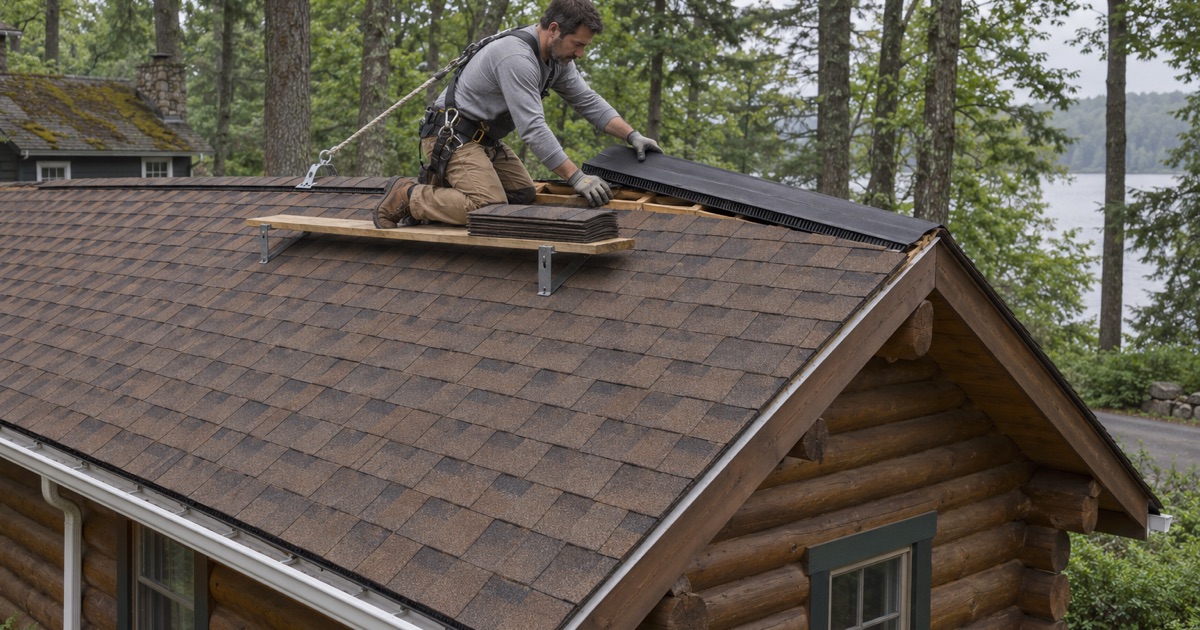 A ridge vent laid over a new ventilation slot on a converted lake cabin in Ringwood, under lakeside oaks.