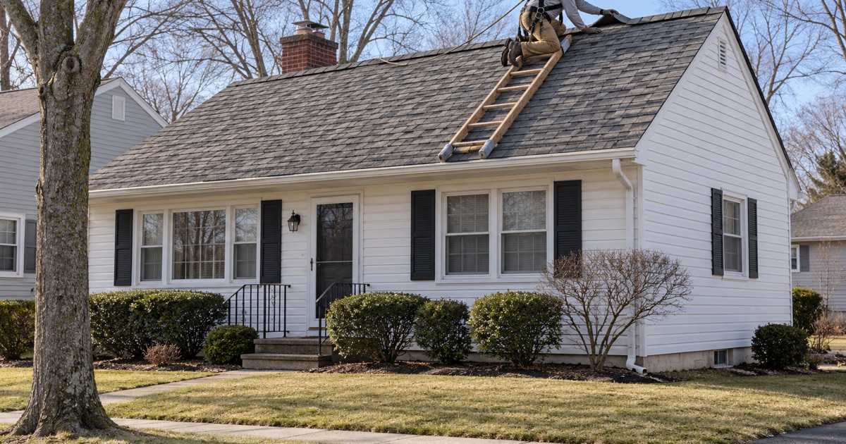 The roof of a quiet River Edge house checked at the ridge, where a leak in an empty house runs unnoticed