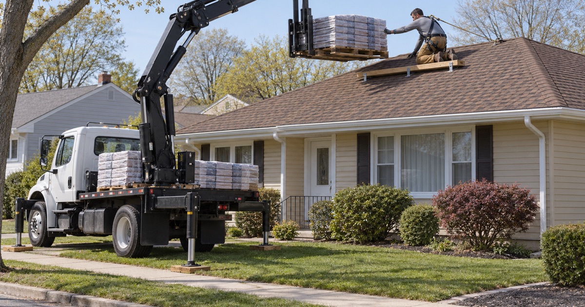 A boom truck lifting a pallet of shingle bundles onto a Saddle Brook ranch from the curb, the roofer guiding the last few inches.