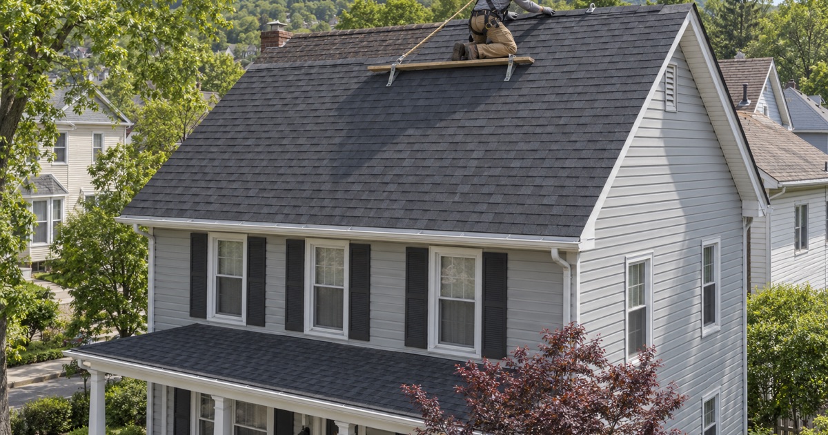 One complete side of a peaked roof replaced on a Suffern two-family, new charcoal shingles in front and the old roof behind.