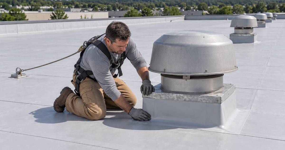 An exhaust fan curb flashed into the membrane roof of a one-story Totowa warehouse, the long low-slope roof beyond.