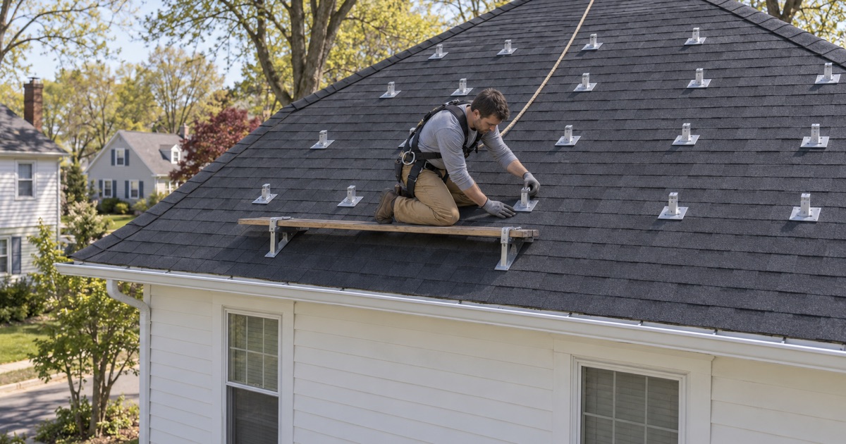 Flashed solar mounts set in rows on the freshly re-roofed hip of a prewar Verona foursquare, before any panel goes on.