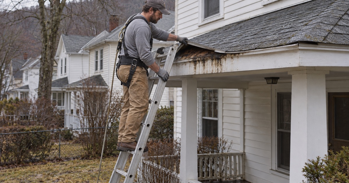 Meltwater stains on the eave deck of an older Haskell house in Wanaque, checked from a ladder after a heavy snow has gone.