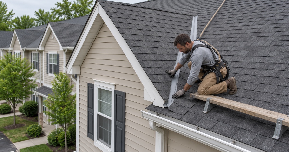New shingles at the valley of a Woodland Park townhouse roof, one roof over several owners