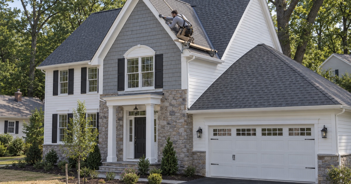 The steep front cross gable of a newly built Wyckoff colonial being shingled, its roof shaped unlike the ranches beside it.