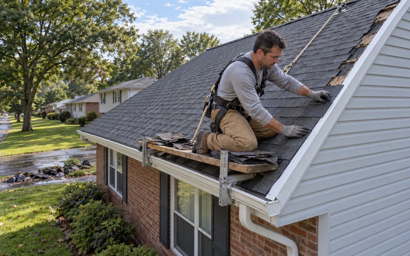 Wind-peeled shingles along the rake of a Wayne raised ranch replaced after a summer thunderstorm, on a new drip edge.